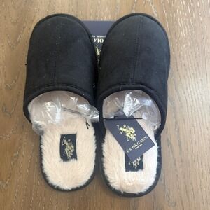 US Polo Assn Slippers Mens Size 9/10 Black Faux Fur Lined Slip On Mule Indoor